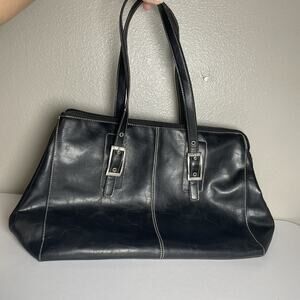 KENNETH COLE REACTION Black Faux Leather Shoulder Bag Y2K Buckles Purse Large